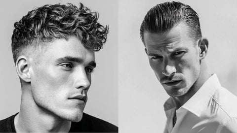 Side-by-side comparison of men’s hairstyles showing styling fiber with a textured crop and pomade with a slick back, illustrating the difference between the two products.