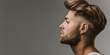 Side profile of a man with a stylish haircut featuring voluminous top hair, a clean undercut, and a well-groomed beard, showcasing trendy haircuts for men.