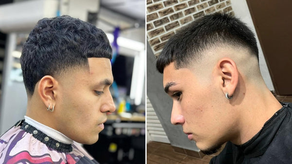 Side-by-side comparison of a high taper vs high fade haircut, highlighting the gradual transition of the taper versus the sharp contrast of the fade.