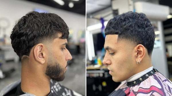 Side-by-side of mid taper vs high taper haircuts, showing a gradual fade above the ears versus a sharper fade near the temples.