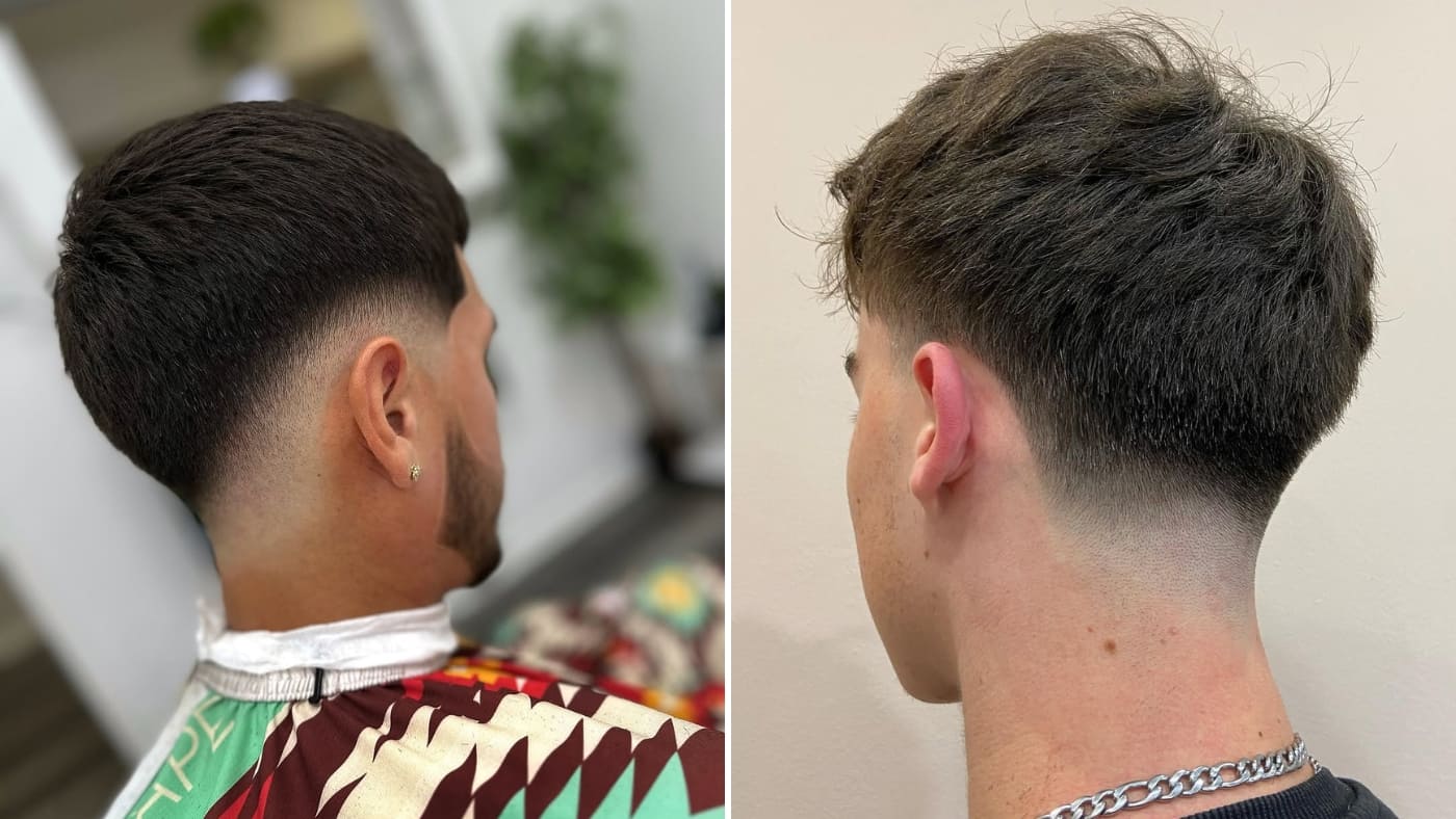 Side-by-side comparison of a drop fade vs taper fade. The left shows a drop fade with a curved, bold transition, while the right features a taper fade with a subtle, natural blend.
