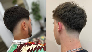 Side-by-side comparison of a drop fade vs taper fade. The left shows a drop fade with a curved, bold transition, while the right features a taper fade with a subtle, natural blend.