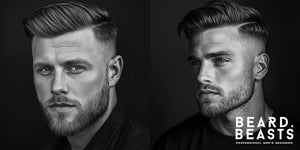 Black and white portraits of two men with textured side part haircuts, showcasing sharp parting lines, voluminous tops, and clean fades. 