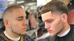 Two men with sharp chin strap beards, one with a buzz cut and the other with a faded crop hairstyle.