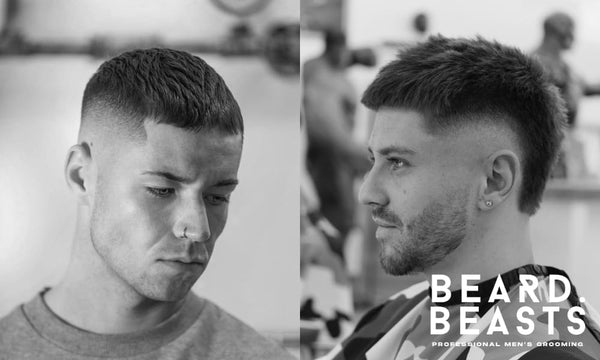A black-and-white image featuring two men with different types of fades for men. 