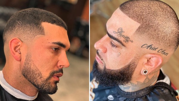 Side-by-side view of two men with mid fade buzz cut haircuts, showcasing the versatility of this style.