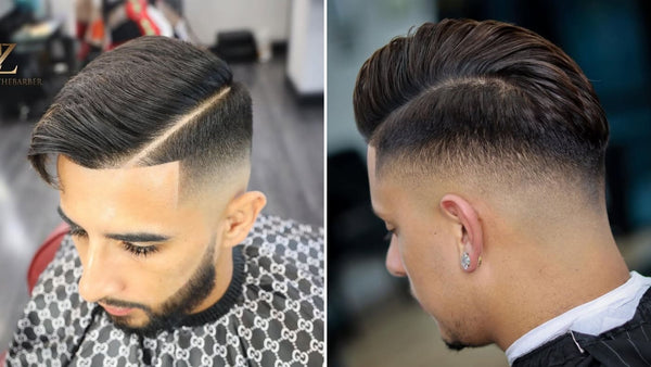 Side-by-side comparison of two men with mid fade comb over haircuts, showcasing different styling angles and sharp, clean fades.