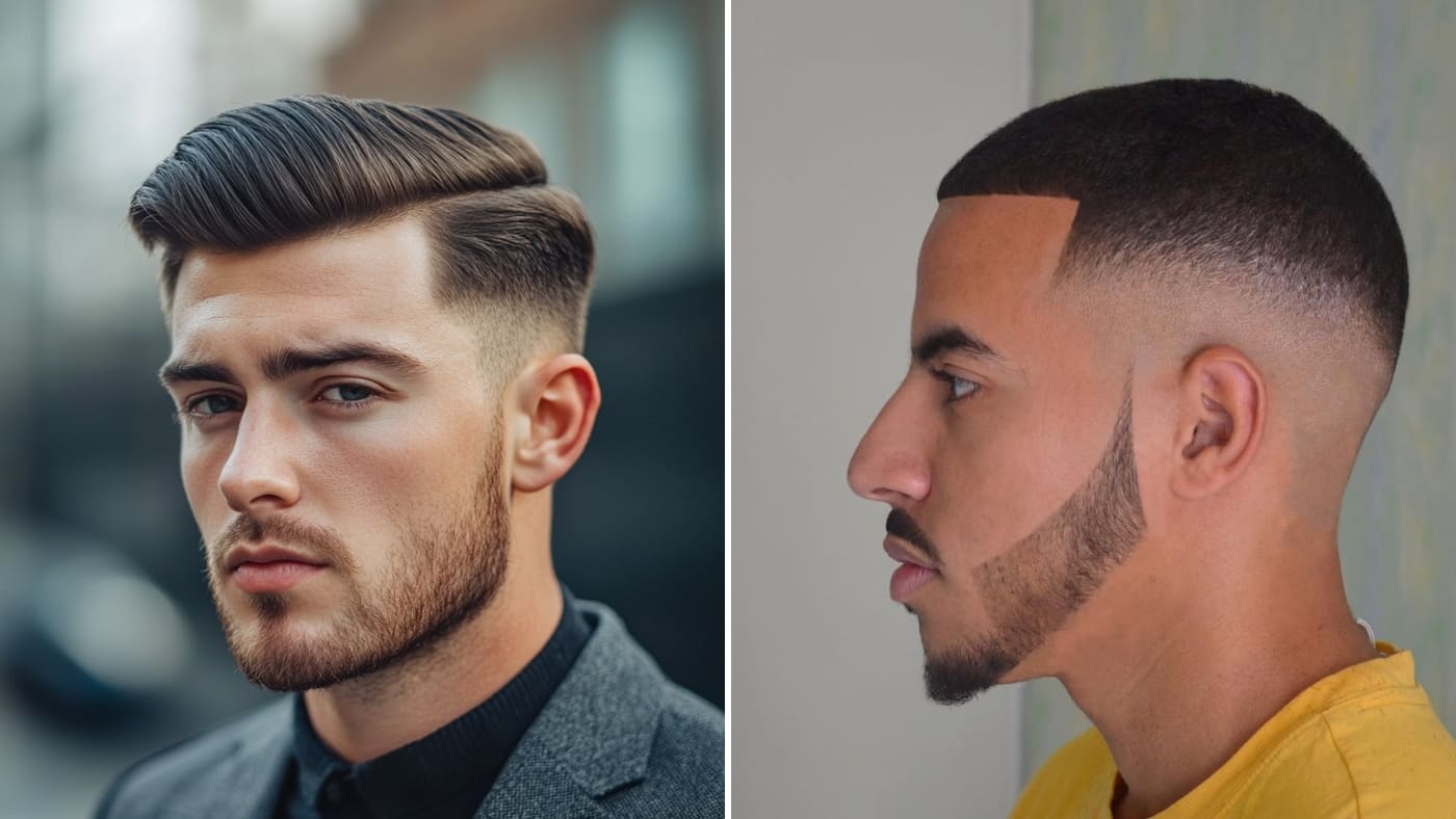A side-by-side image featuring two men with mid skin fade haircuts, showcasing different styles. 
