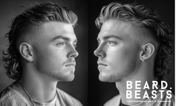 Two men with textured skin fade mullet hairstyles, showcasing sharp fades and voluminous, wavy backs.